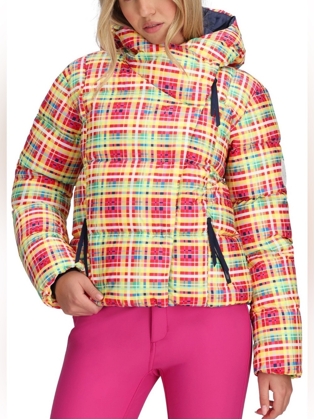 Obermeyer Down Ski Jacket Womens 8 Colorful Plaid Puffer Hooded Après Ski
